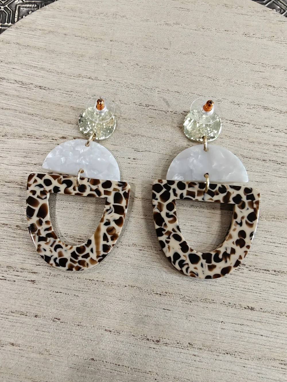 Leopard Pattern Resin Drop Earrings with Pearl Accent - Brown/White